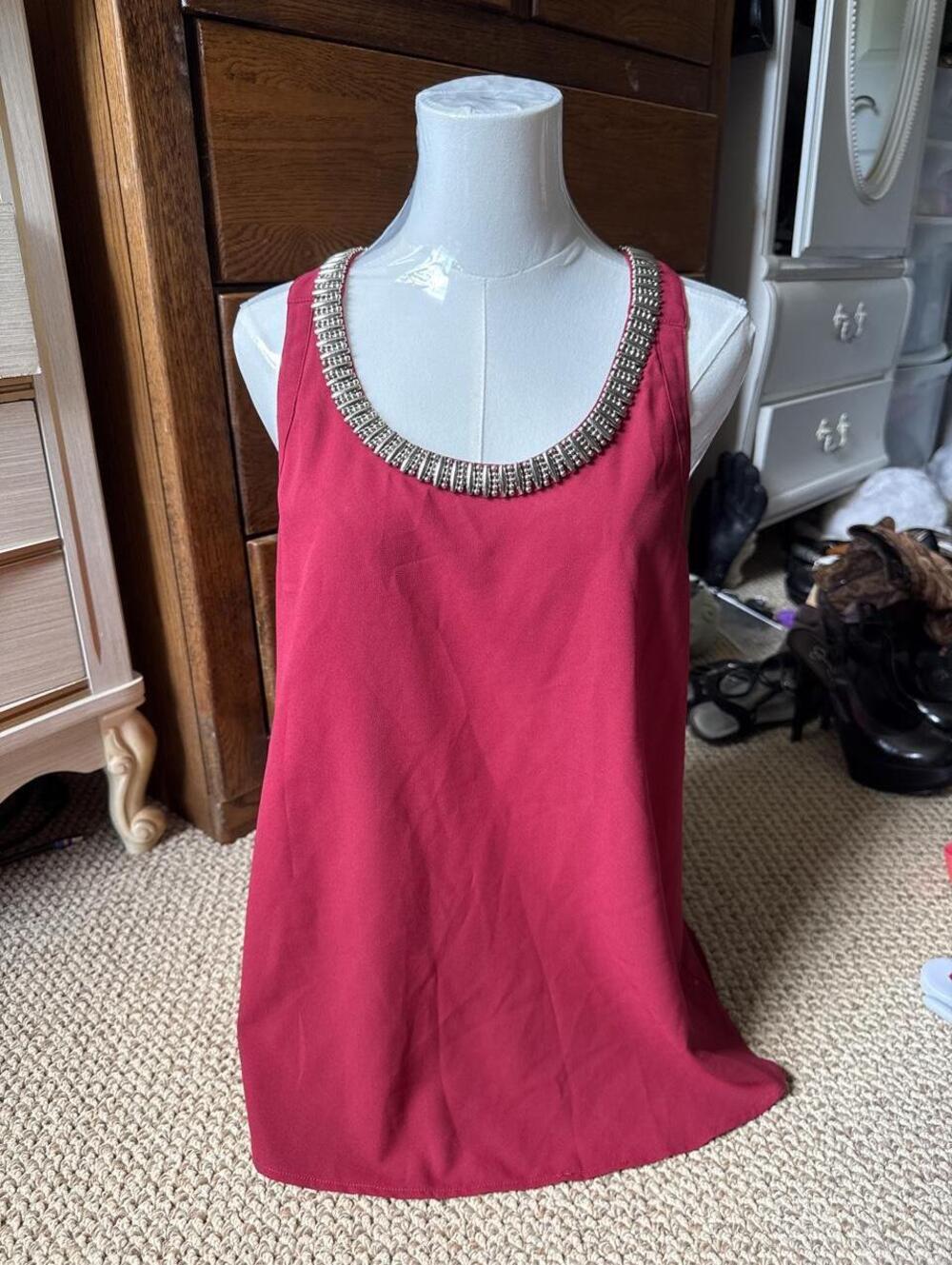 y2k Red Paper Crane tank top with silver beaded trim